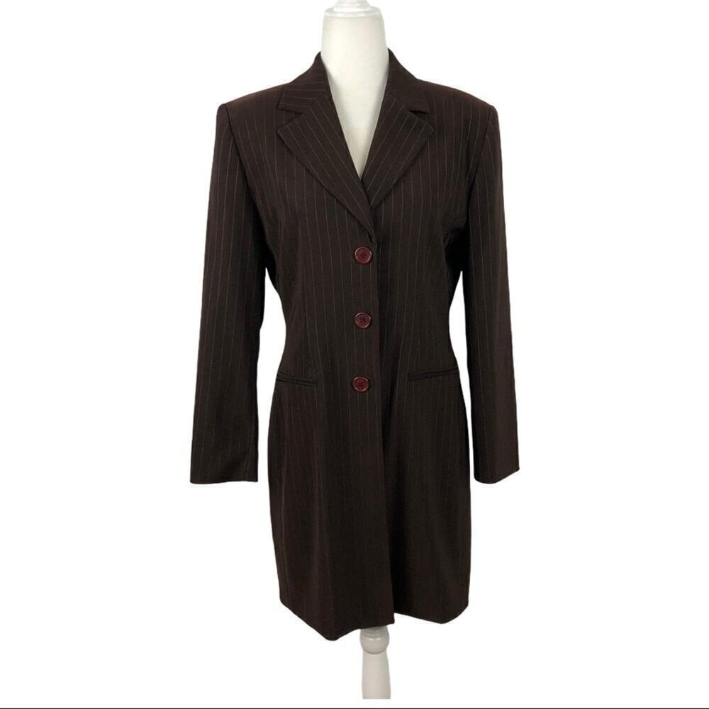 Regine New York  Pinstripe Brown Long Boardroom Chic Blazer single breasted 8